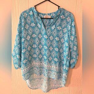 Womens Blue And White Pink Rose Blouse Size XL